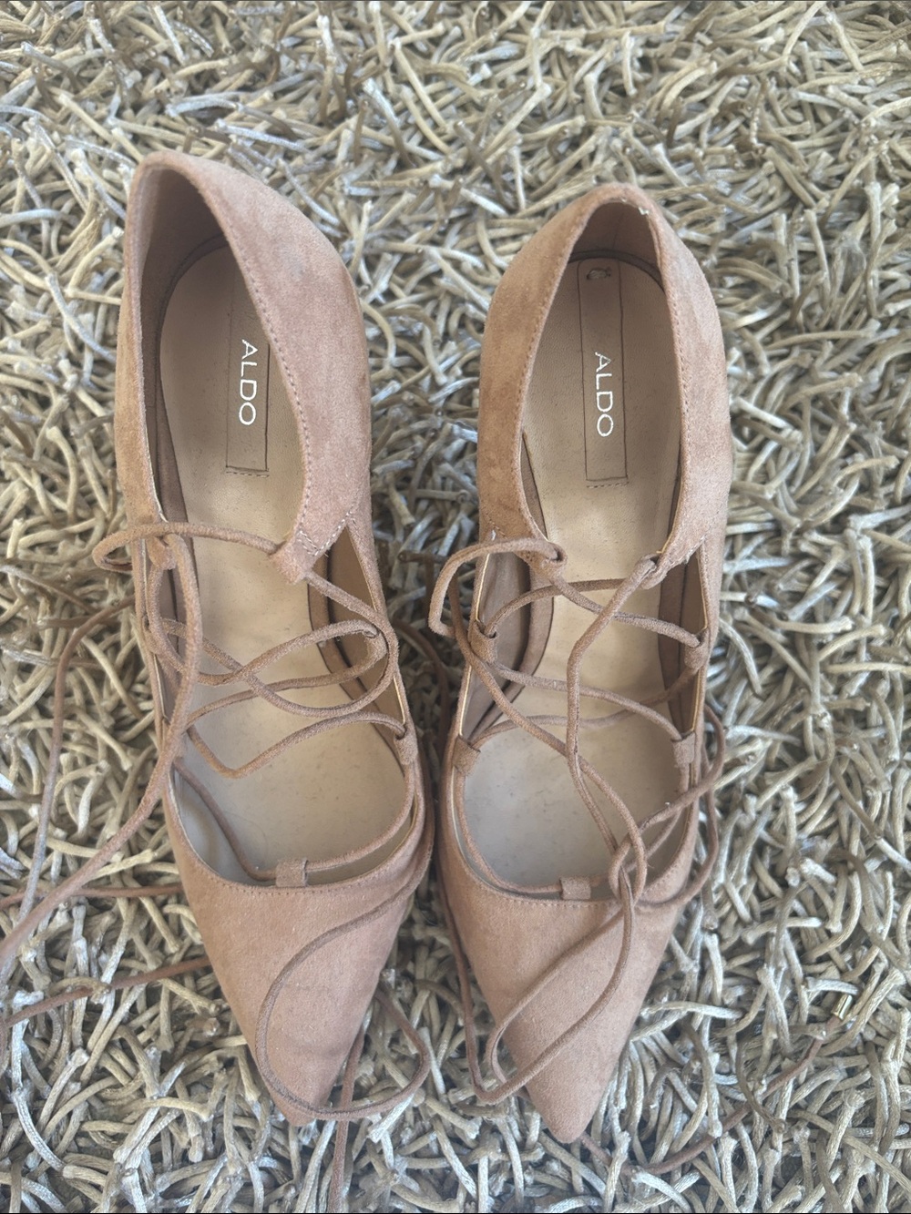 ALDO Tan Lace-Up Pointed-Toe Suede Flats